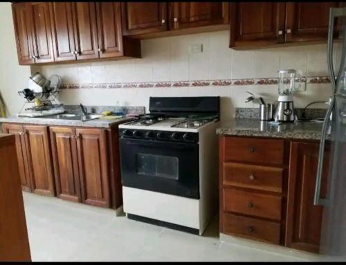 a kitchen with a black and white stove and wooden cabinets at Apartamento a 5 minutos Zona Colonial in Santo Domingo