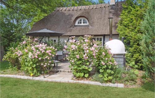 a house with pink flowers and an umbrella at Stunning Home In Stokkemarke With Wifi in Stokkemarke
