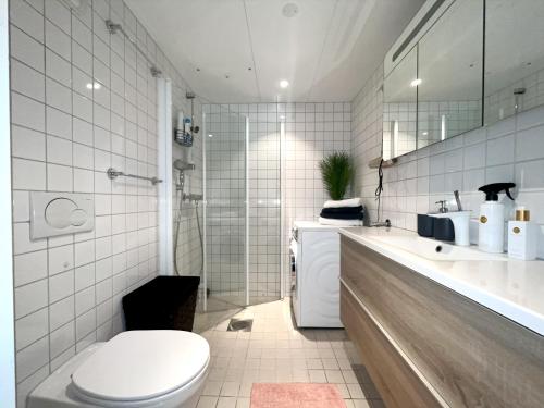 e bagno con servizi igienici, lavandino e doccia. di City center flat w roof top terrace & free parking a Oslo