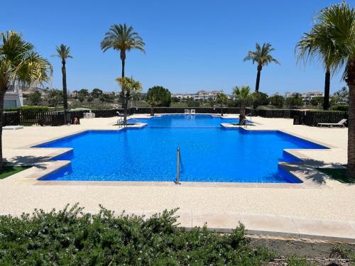 uma grande piscina azul com palmeiras ao fundo em Casa Estefania em Sucina