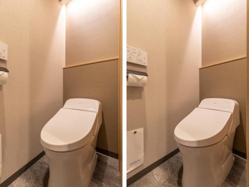 two pictures of a toilet in a bathroom at Tabist kiki HOTEL KYOTO Gojo Karasuma in Kyoto