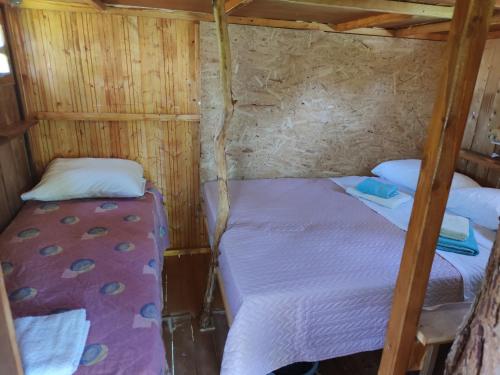 2 Betten in einem kleinen Zimmer mit Holzwänden in der Unterkunft Cuckoo's nest tree house in Preveza