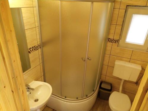 a bathroom with a shower and a toilet and a sink at Domek letniskowy Zełwągi in Zełwągi