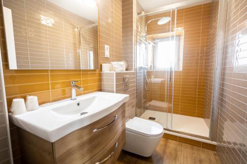 W łazience znajduje się umywalka, toaleta i prysznic. w obiekcie Appartement - Le Soleil des Flots - Vue sur Mer w mieście Crozon