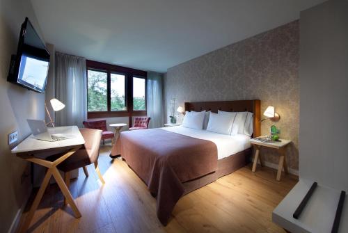 a hotel room with a bed and a desk and a television at Exe Casa de Los Linajes in Segovia