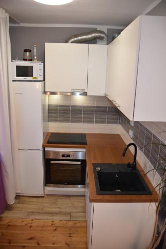 eine kleine Küche mit weißen Schränken und einem Waschbecken in der Unterkunft Jüri 43c - Margus rentals in Võru