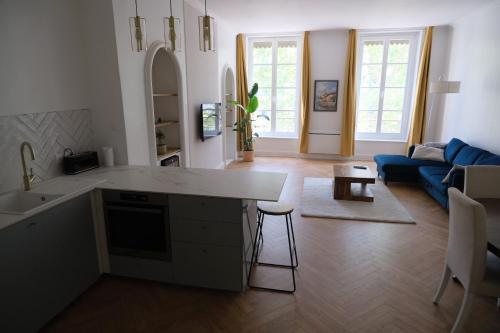 Il comprend une cuisine et un salon doté d'un canapé bleu. dans l'établissement Appartement de beau standing, à Lyon