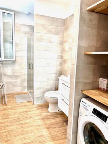 La salle de bains est pourvue de toilettes et d'un lave-linge. dans l'établissement Résidence Petite Californie, à Nice