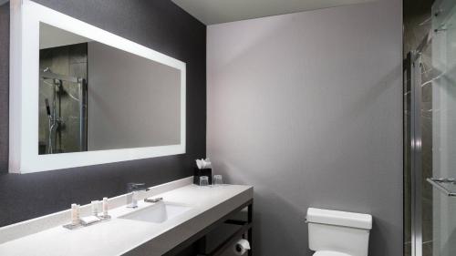 a bathroom with a sink and a mirror and a toilet at Courtyard by Marriott Chicago at Medical District-UIC in Chicago