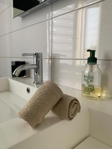 a bathroom sink with a towel and a bottle of soap at Chambre indépendante avec piscine in Jarnac