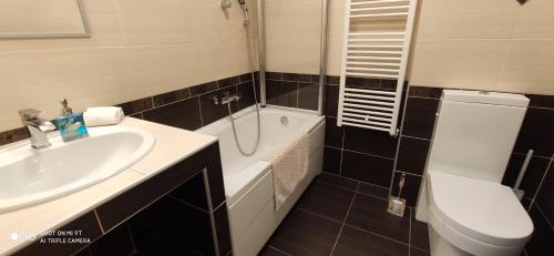 La salle de bains est pourvue d'un lavabo, d'une baignoire et de toilettes. dans l'établissement Apartment Karla, à Rijeka