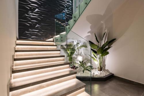 a staircase in a house with potted plants at Mirabilis Boutique Hotel by Panel Hospitality in Kalabaka