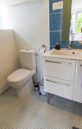 une salle de bain avec toilettes et lavabo dans l'établissement Le Beverly à 9 min de Beauval, à Châteauvieux