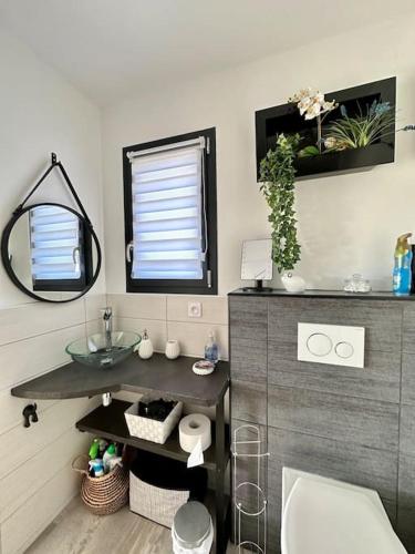 une salle de bain avec un lavabo et un miroir et des toilettes dans l'établissement Les lauriers, à Uchaux