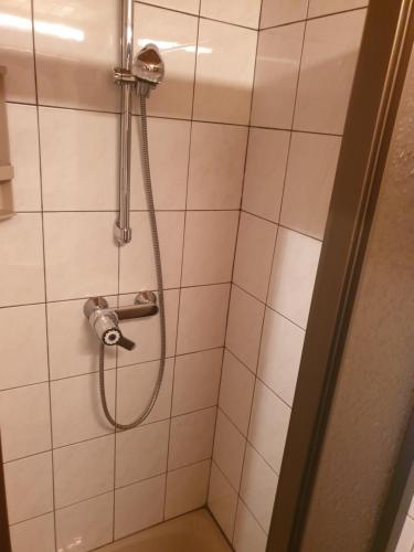 La salle de bains est pourvue d'une douche avec un tuyau. dans l'établissement Almzeithütte am Seeberg, 