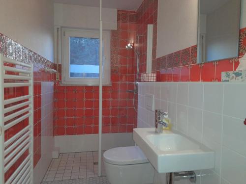 a red tiled bathroom with a toilet and a sink at Ferienwohnung Lentz am Bahnhof Zierenberg - Kr Kassel in Zierenberg
