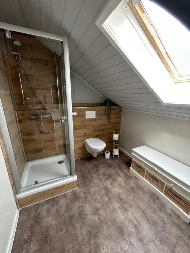 a attic bathroom with a shower and a toilet at Unstrut Hütte in Bad Langensalza