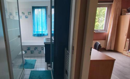 a bathroom with a shower and a sink and a mirror at spacious room with free parking in Almere