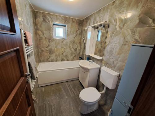 a bathroom with a toilet and a tub and a sink at Apartment Cozia in Timişoara