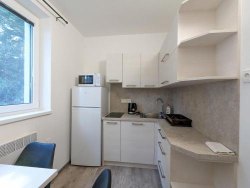 a kitchen with white cabinets and a white refrigerator at Restaurace a penzion Gansberg in Cotkytle