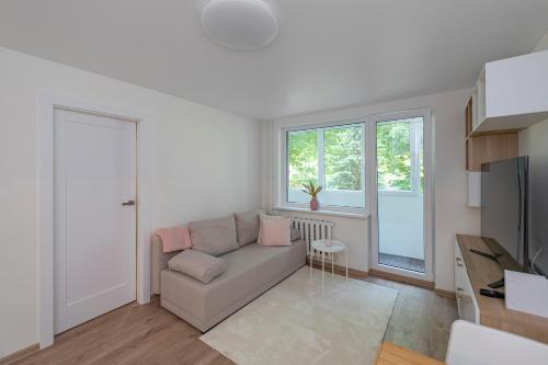 uma sala de estar com um sofá e uma janela em Convenient apartment with balcony by Polo Apartments em Kaunas