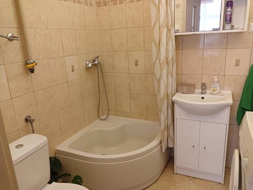 a bathroom with a tub and a toilet and a sink at Oficynka in Strzelce Opolskie
