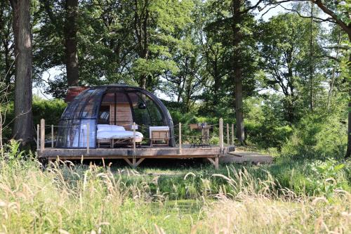 a bed in a dome house in the woods at La ferme de Basseilles in Mozet 