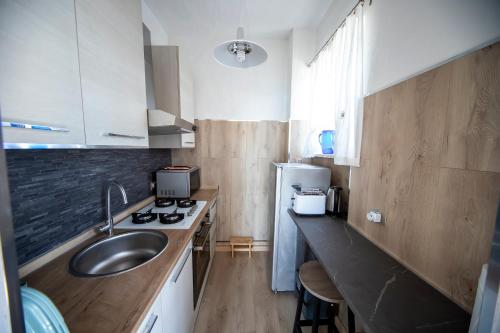 a small kitchen with a sink and a counter at La Terrazza Cipressa in Cipressa