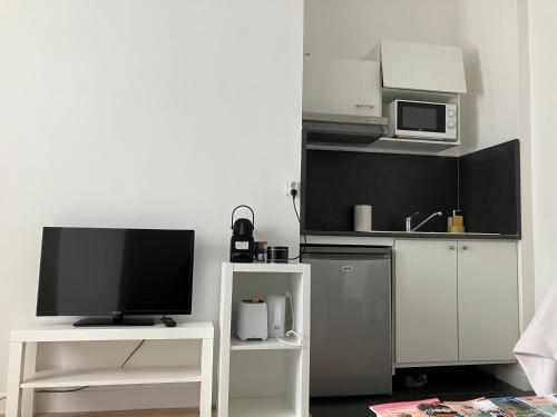 un salon avec une télévision et un four micro-ondes dans l'établissement Les Capucins.Appartement élégant,Vue sur le jardin, à Brest
