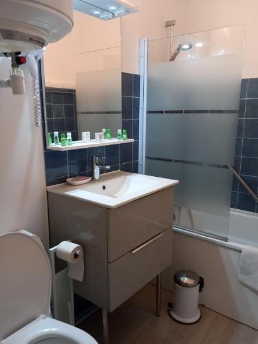 une salle de bain avec un lavabo, une douche et des toilettes dans l'établissement Studio Cosy en hyper centre, à Arcachon