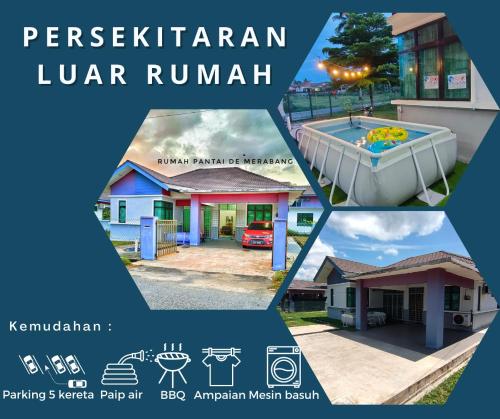 a collage of four pictures of a house at Rumah Pantai de Merabang (bungalow with pool) in Bachok