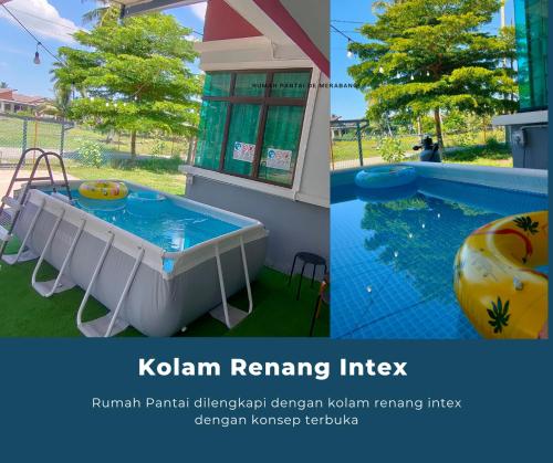 a collage of two pictures of a swimming pool at Rumah Pantai de Merabang (bungalow with pool) in Bachok