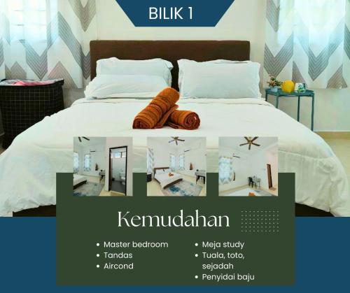 a collage of pictures of a bedroom with a bed at Rumah Pantai de Merabang (bungalow with pool) in Bachok