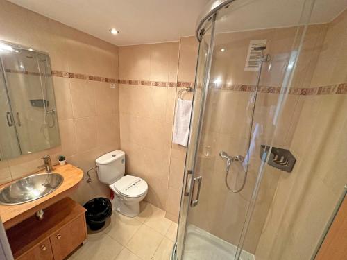 a bathroom with a shower and a toilet and a sink at Apartamentos Confort Formigal 3000 in Formigal