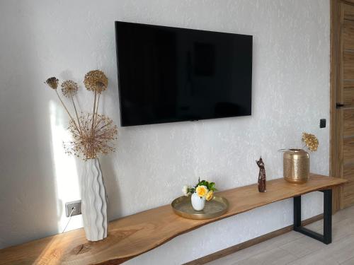 a television on a wall with a vase on a shelf at Apartamenti Ezera Pērle in Alūksne