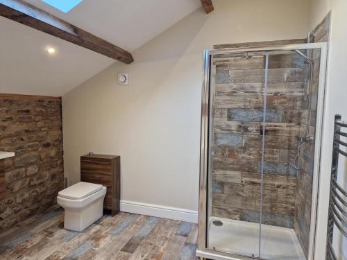 a bathroom with a shower and a toilet at 8 Coach House in Preston