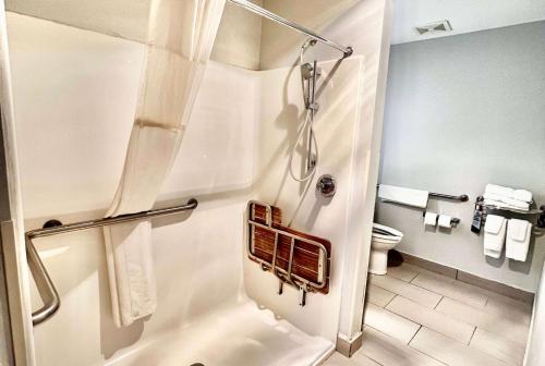een badkamer met een douche en een toilet bij Microtel Inn by Wyndham Janesville in Janesville