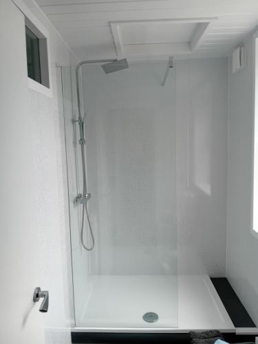 a shower with a glass door in a bathroom at windies apartment 2 in Bridlington