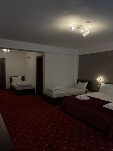 a hotel room with two beds and a red carpet at Pensiunea Perla Codrului in Meziad