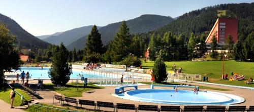 a large swimming pool in a park with people in it at Penzion Sankt Johann in Liptovský Ján