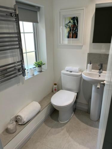 a white bathroom with a toilet and a sink at Corner Cottage with Private Parking Ten Minute Drive from Goodwood in Chichester