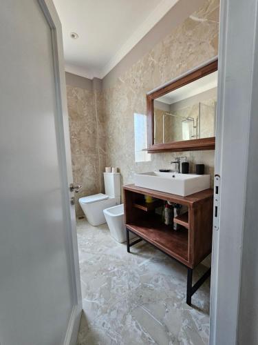 La salle de bains est pourvue d'un lavabo, de toilettes et d'un miroir. dans l'établissement Terrace Flat in Heart of Tirana, à Tirana