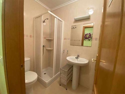 a bathroom with a shower and a toilet and a sink at "EL TAYUELO" in Posada de Llanes
