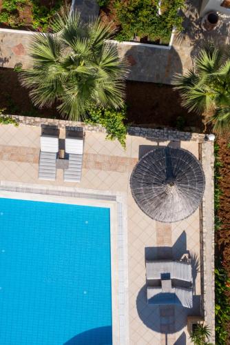 an overhead view of a swimming pool with chairs and palm trees at Elea Suites & Residences in Gouves