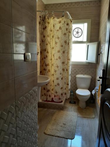 uma casa de banho com um WC, um lavatório e um chuveiro em ستيلا هايتس الساحل الشمالي em Sīdī ‘Abd ar Raḩmān