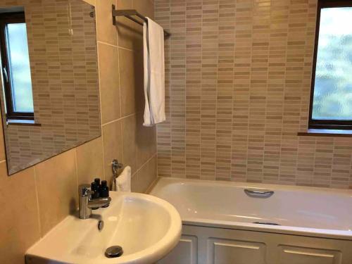 a bathroom with a sink and a tub and a mirror at 2 Dorset Mews in Lyme Regis