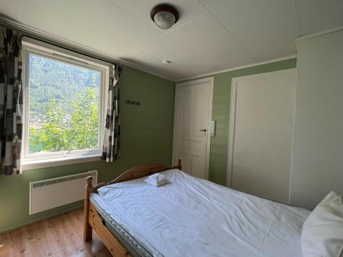 Schlafzimmer mit grünen Wänden und einem Bett mit Fenster in der Unterkunft Odda City Apartments in Odda