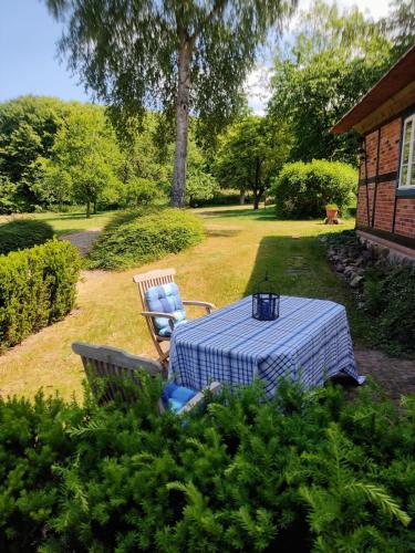 a table and two chairs in a yard at Chalet Forsthof Everstorf - kleine Wohnung in Grevesmühlen