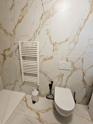 a bathroom with a white toilet and a marble wall at Ocean Dream by Locap Group in Piran