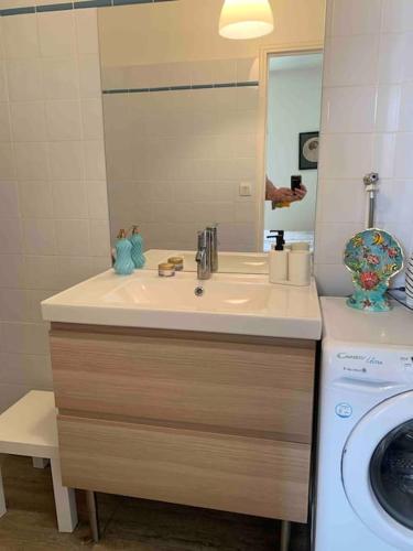 une salle de bain avec un lavabo et une machine à laver dans l'établissement Biarritz centre, près avenue de Verdun- Plage et casino à 10 mn à pied- 4 personnes -RDC, à Biarritz